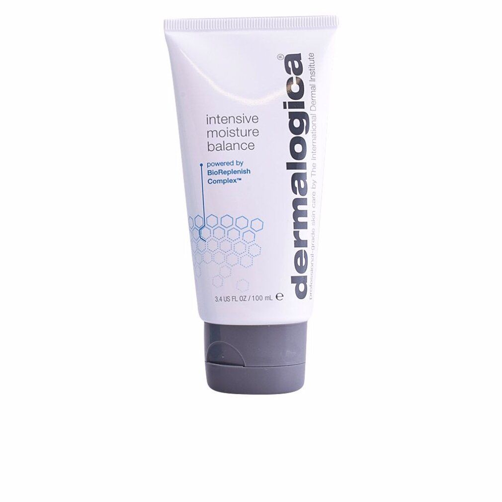 Tubo bianco con tappo grigio. Scritta: intensive moisture balance, Dermalogica. 3.4 US FL OZ / 100 mL.