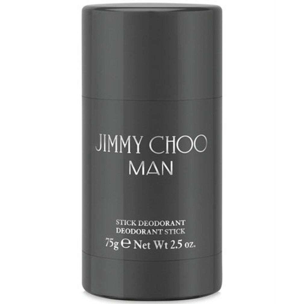 Stick deodorante grigio. Scritta: JIMMY CHOO MAN, STICK DEODORANT, 75g e Net Wt 2.5 oz.