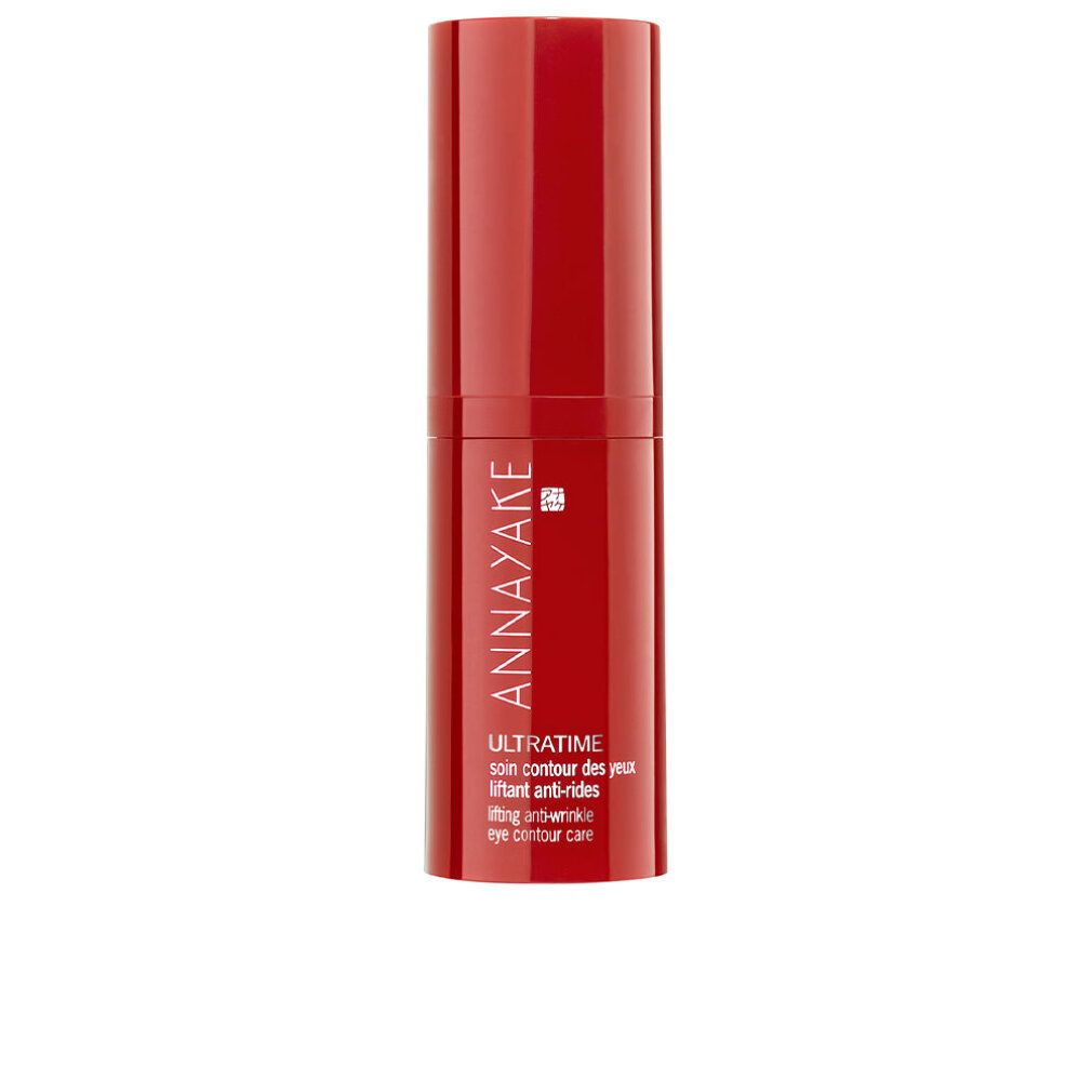 Tubo cilindrico rosso con testo: Annayaké, Ultratime, soin contour des yeux, lifting anti-rides, eye contour care. Logo bianco.