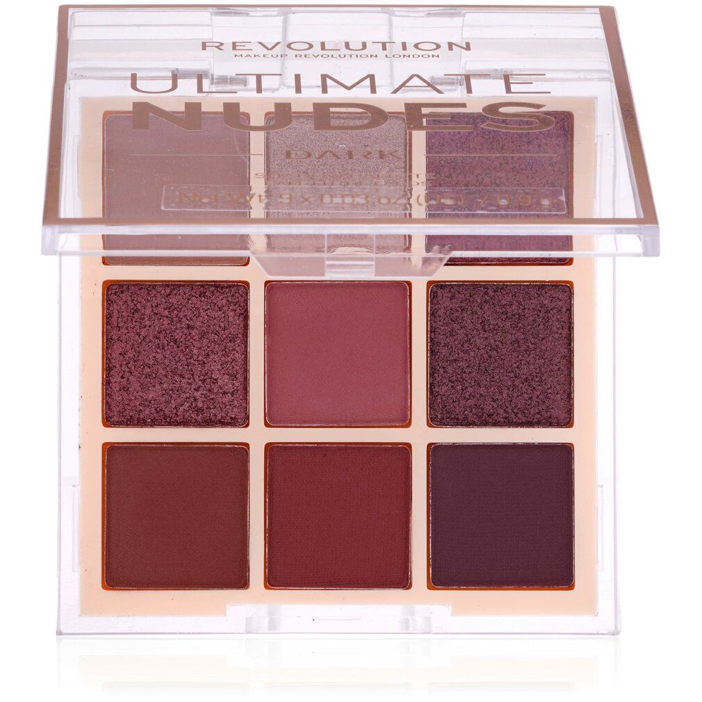 Palette ombretti con sei tonalità. Coperchio trasparente. Scritta: ULTIMATE NUDES DARK. Tonalità: rosa, marrone, marrone scuro. Confezione quadrata.