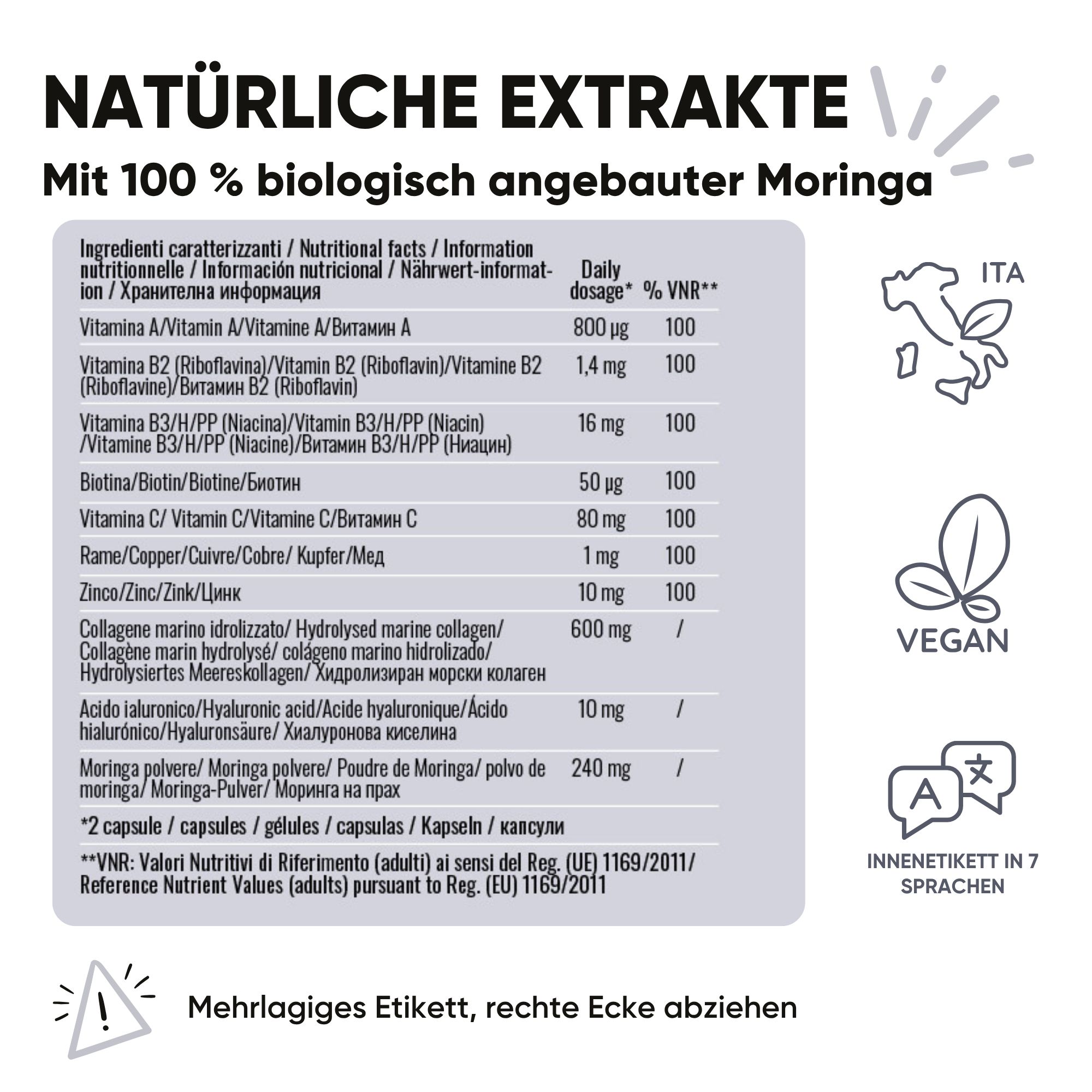 Flacone RedMoringa Collagene Ialuronico. Testo: Estratti naturali, Moringa 100% bio. Informazioni nutrizionali.