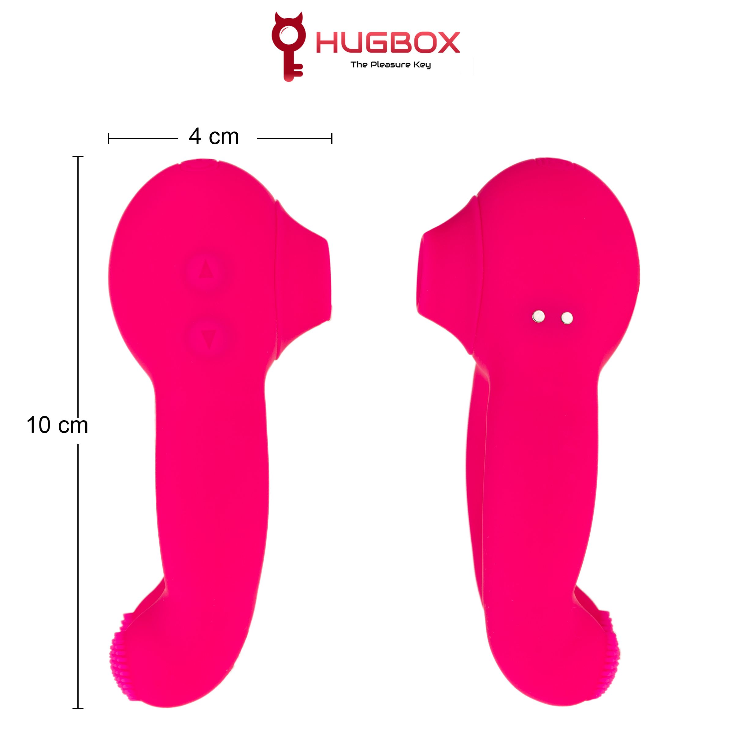 Due prodotti rosa, alti 10 cm, larghi 4 cm. Logo HUGBOX in alto. Con misure.