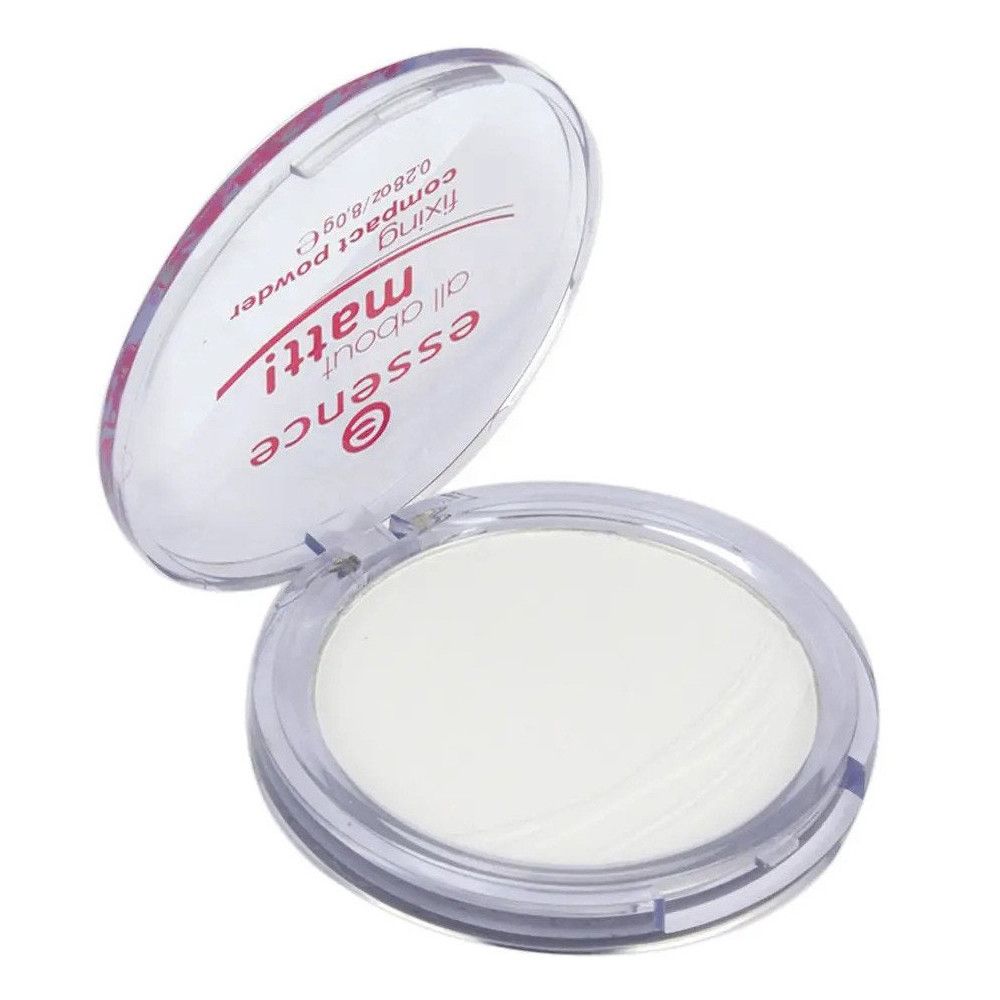 Cipria compatta in confezione rotonda trasparente, coperchio aperto. Prodotto: all about matt! essence.