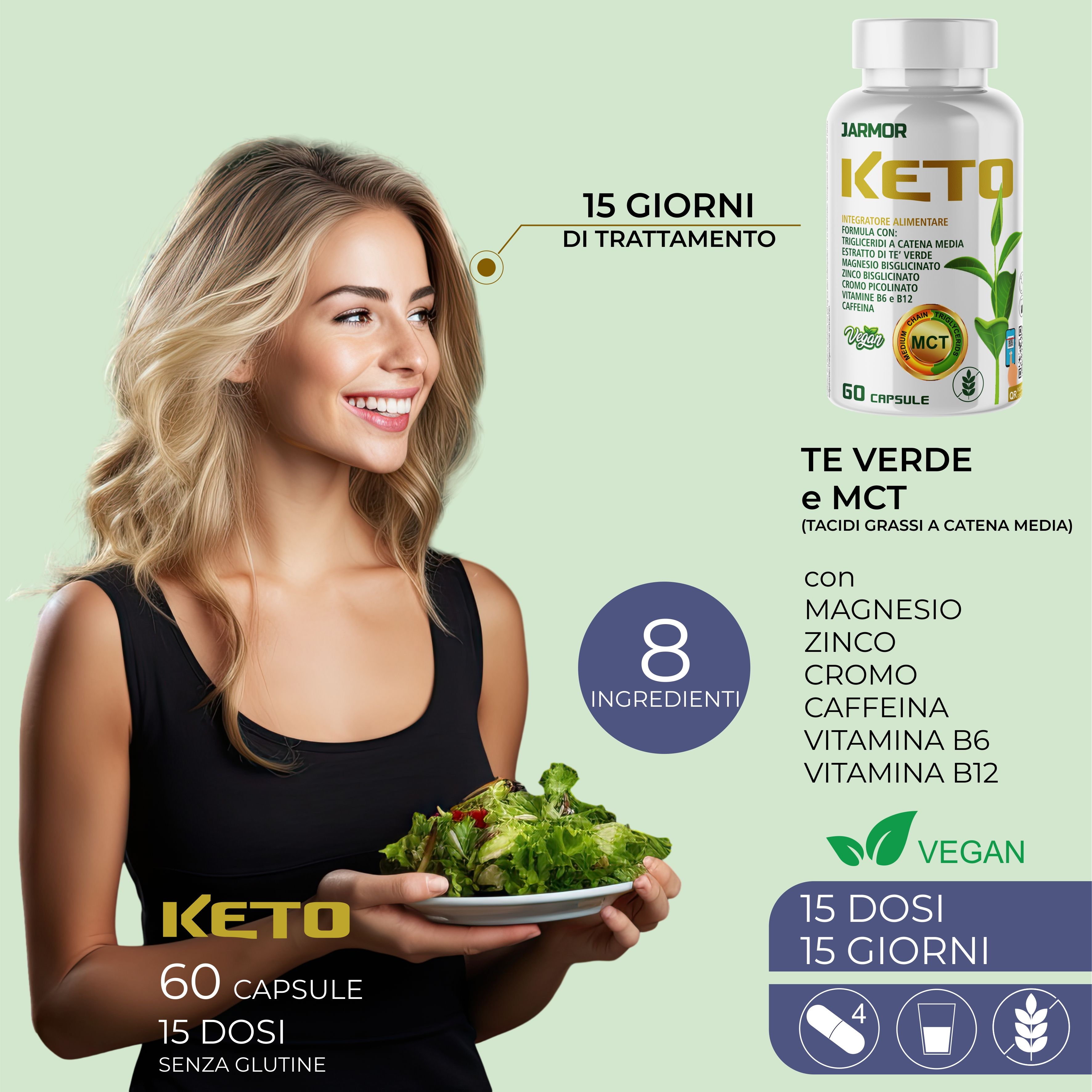 Donna con insalata. Capsule Keto, 60 capsule, 15 dosi. Contiene 8 ingredienti. Vegano. 15 dosi, 15 giorni.