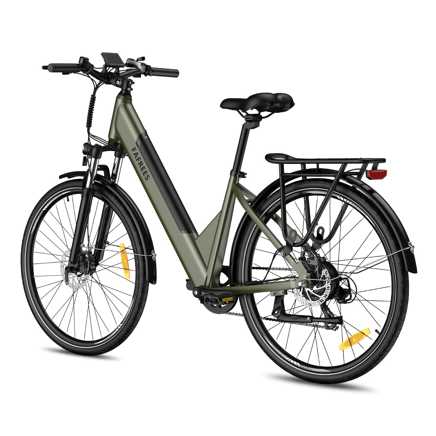 E-bike verde con portapacchi, parafanghi e scritta FAFREES. Pneumatici e sella neri.