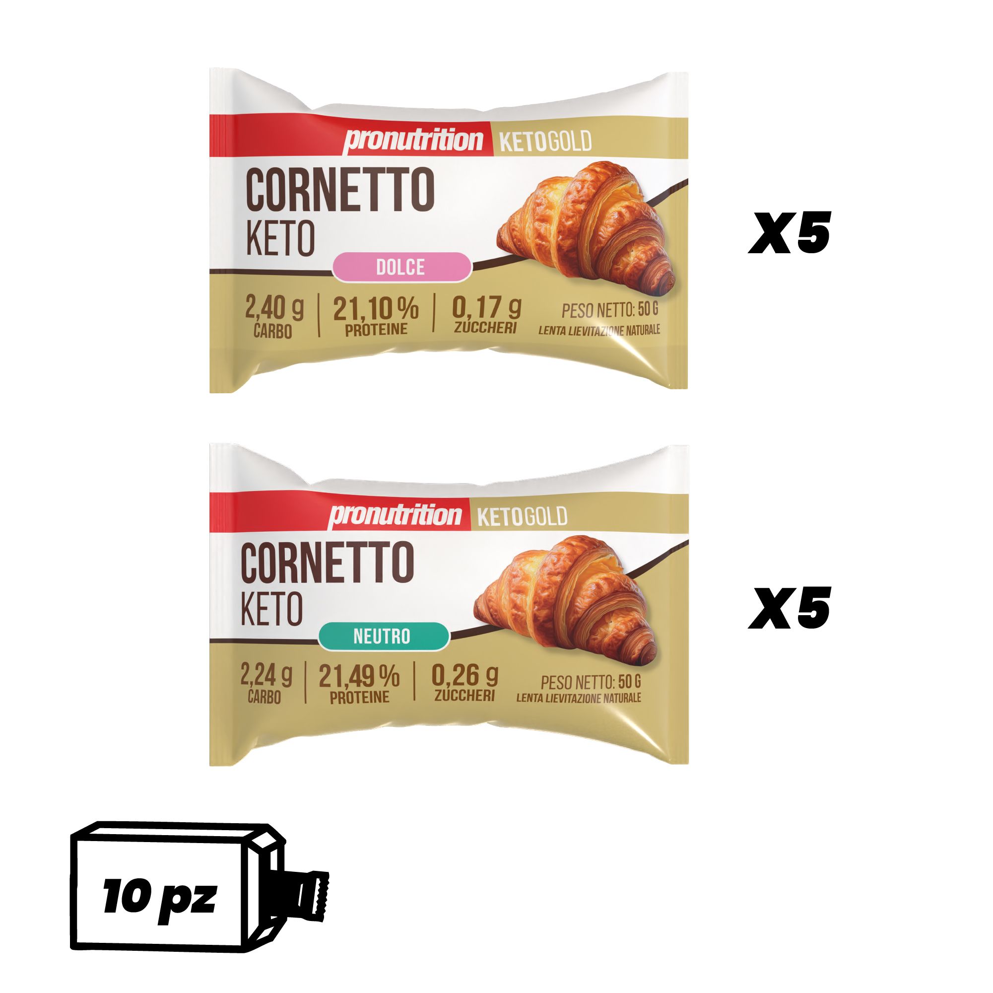 Due confezioni Cornetto Keto, Dolce e Neutro. Scritta: 10 pezzi. Logo Keto Gold.