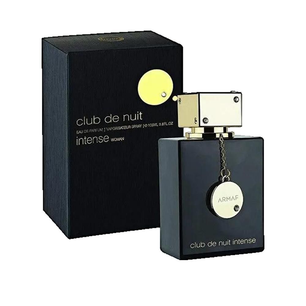 Flacone nero con tappo e pendente dorati. Confezione nera con nome del prodotto. Marchio "Armaf" visibile.