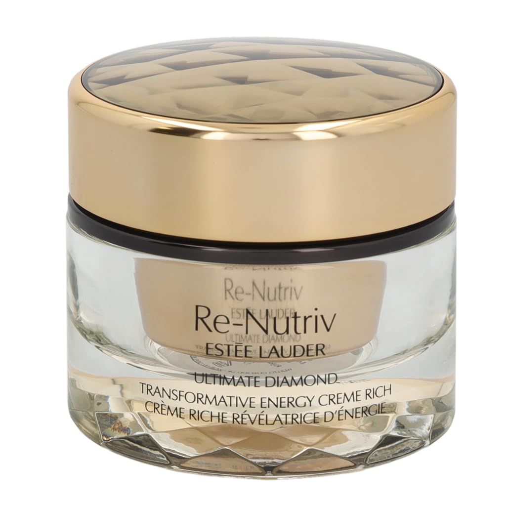 Vaso in vetro con coperchio dorato. Scritta: Re-Nutriv, Estée Lauder. Testo: Ultimate Diamond, Transformative Energy Creme Rich.