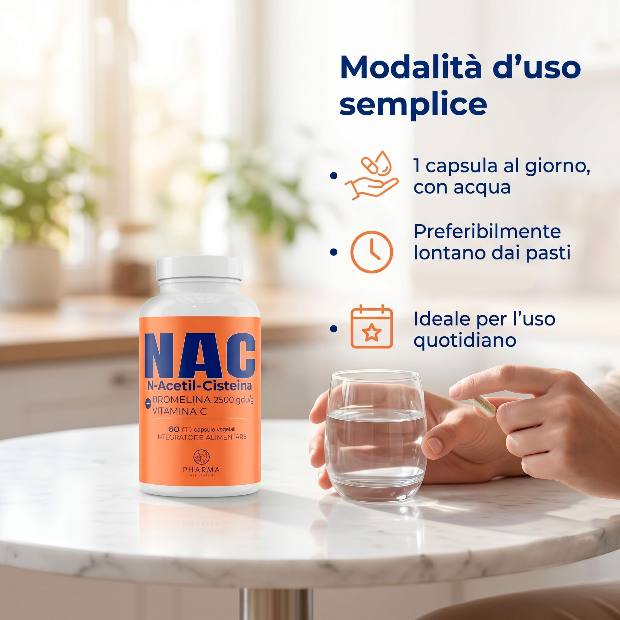 Flacone e scatola di NAC N-Acetilcisteina con rappresentazioni di N-Acetilcisteina, Bromelina e Vitamina C.