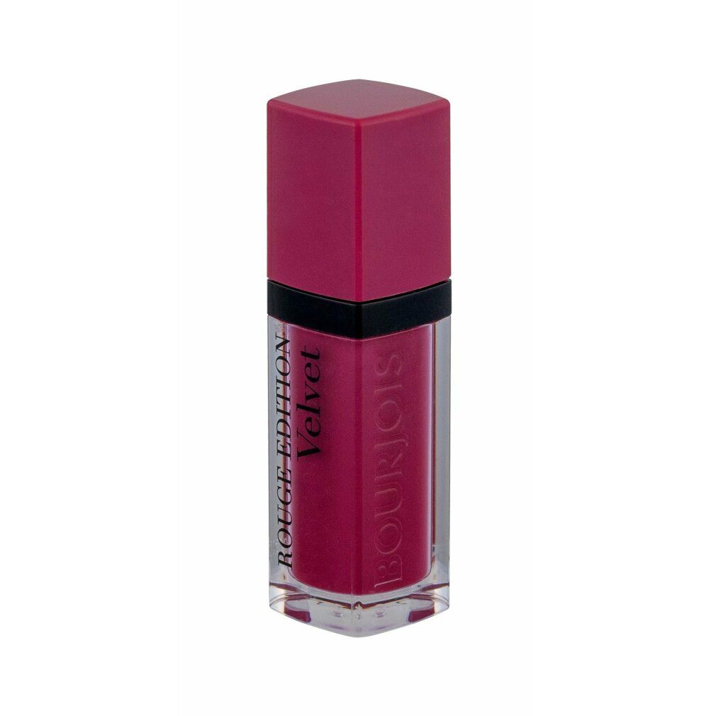 Rossetto Bourjois Rouge Edition Velvet prugna scuro. Forma rettangolare, tappo. Anello nero. Contenitore trasparente. Testo: Rouge Edition Velvet.