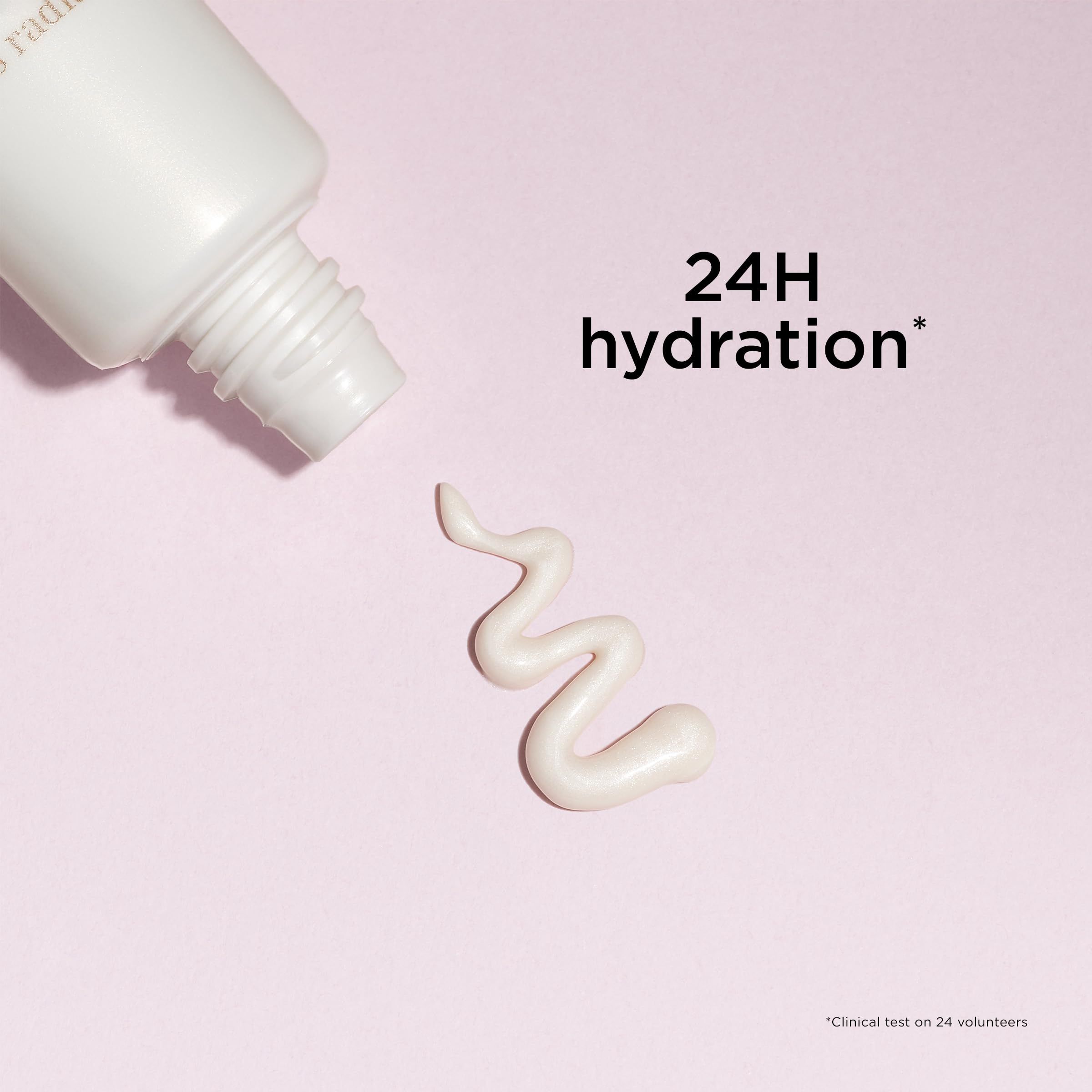 Tubo bianco con striscia di crema. Testo: 24H hydration.