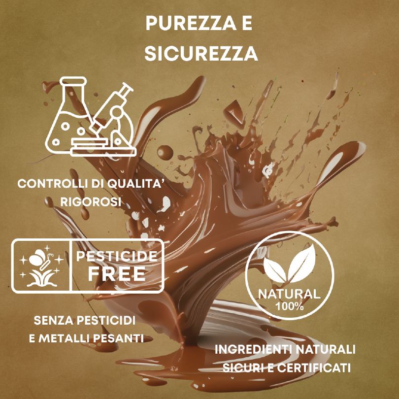 Schizzo di cioccolato liquido con icone per "Pesticide Free", "Naturale 100%" e "Controlli di qualità".