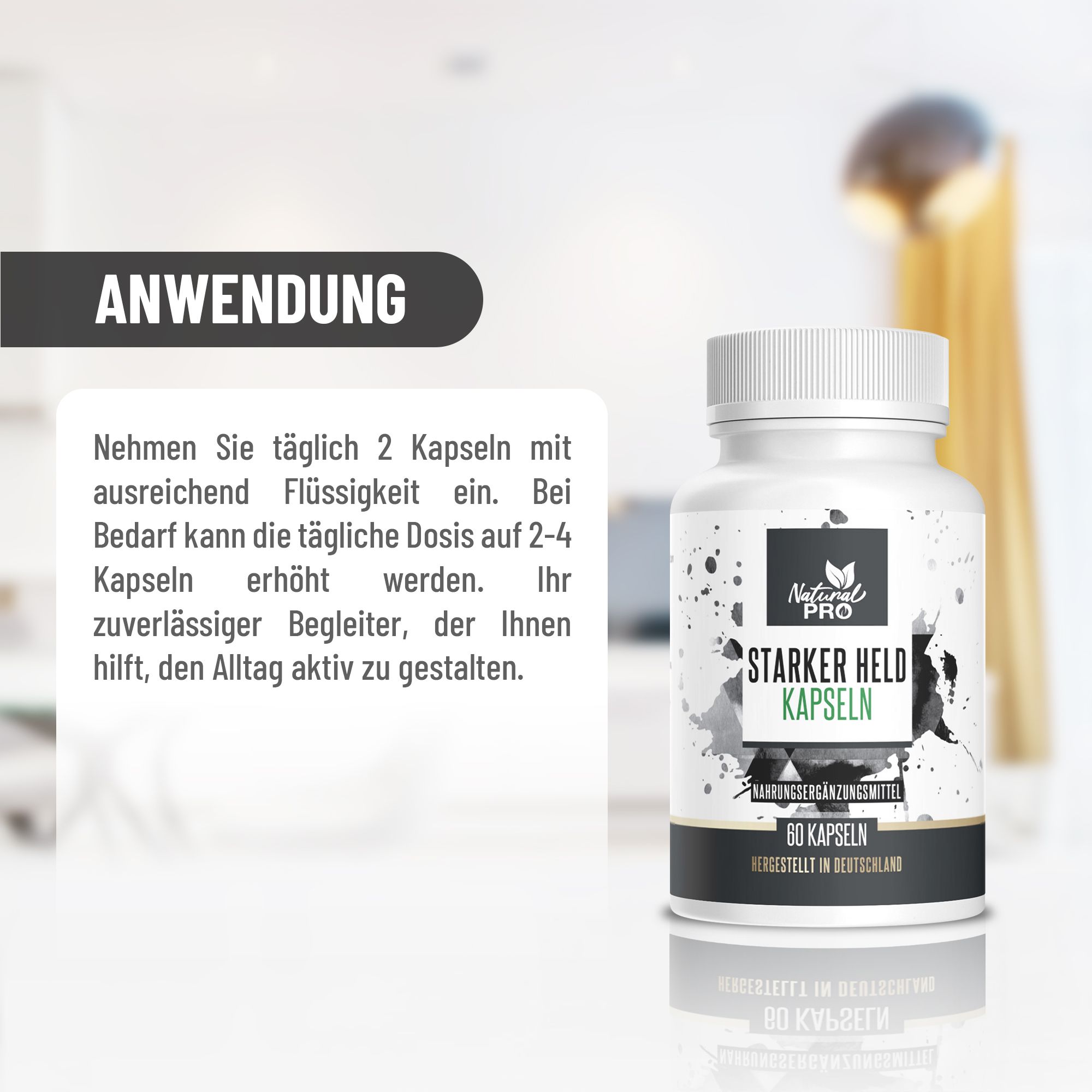 Flacone bianco con etichetta nera. Contiene capsule bianche. Scritta: Starker Held Kapseln, 60 Kapseln. Logo Natural Pro.