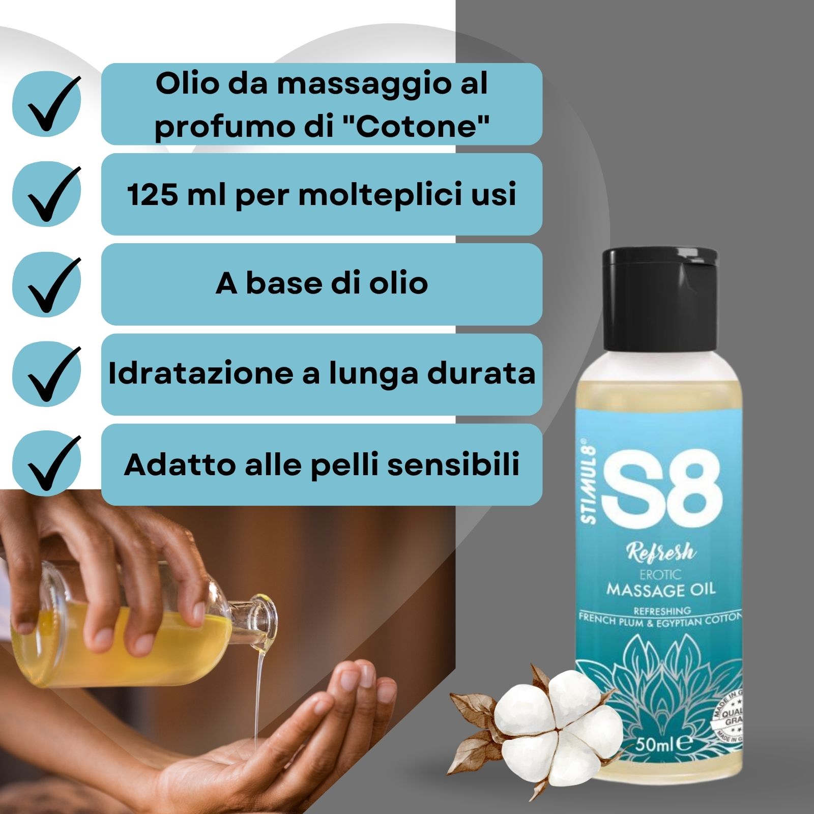 Flacone olio da massaggio S8 Refresh, tappo nero. Scritta: Erotic Massage Oil. 50ml. Olio versato.