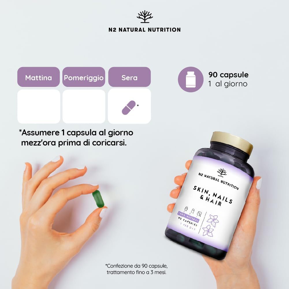 Flacone 'Skin, Nails & Hair' con capsula. Assunzione: 1 capsula prima di dormire.