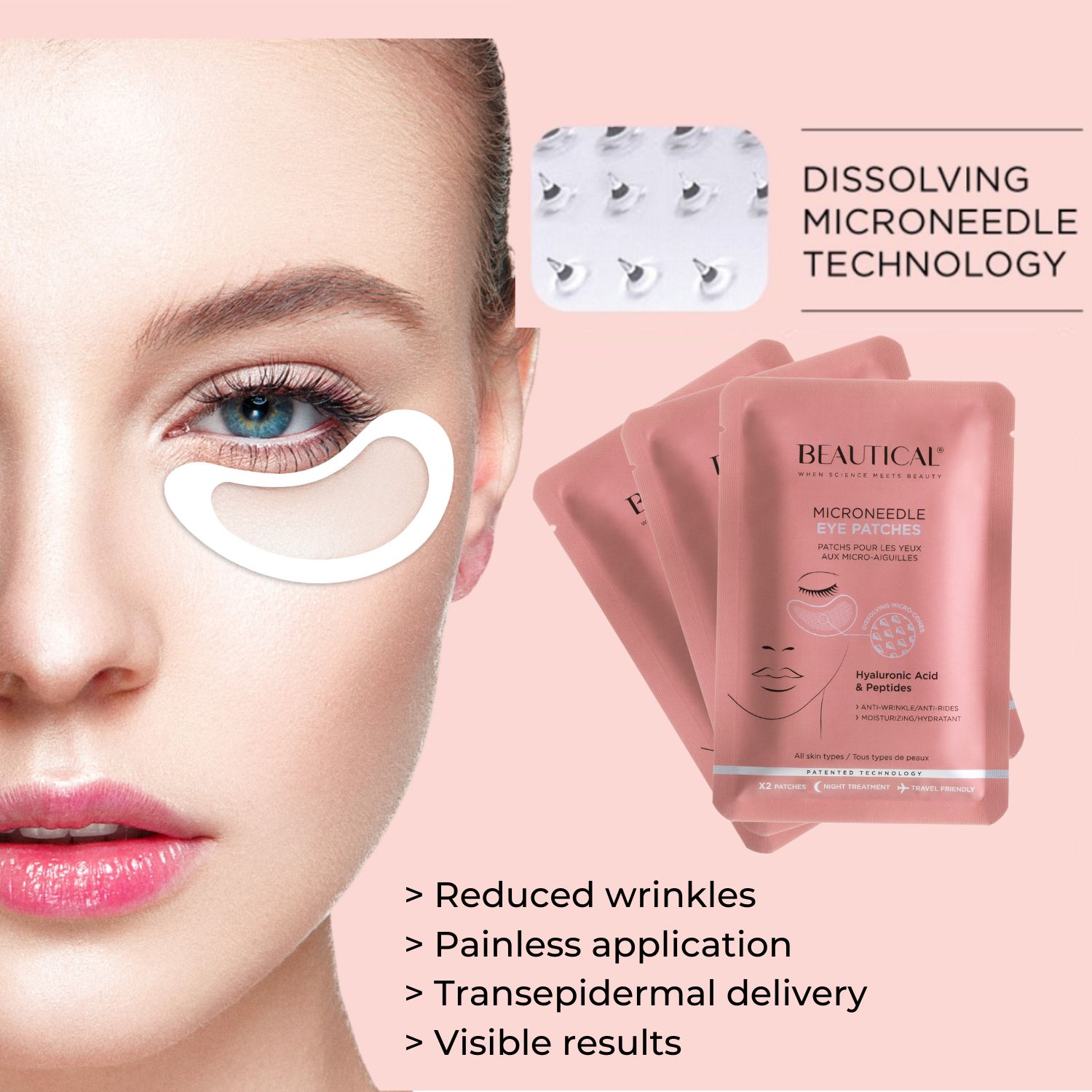 Donna con patch BEAUTICAL. Tre confezioni rosa. Testo: Tecnologia micro-aghi, riduce le rughe.