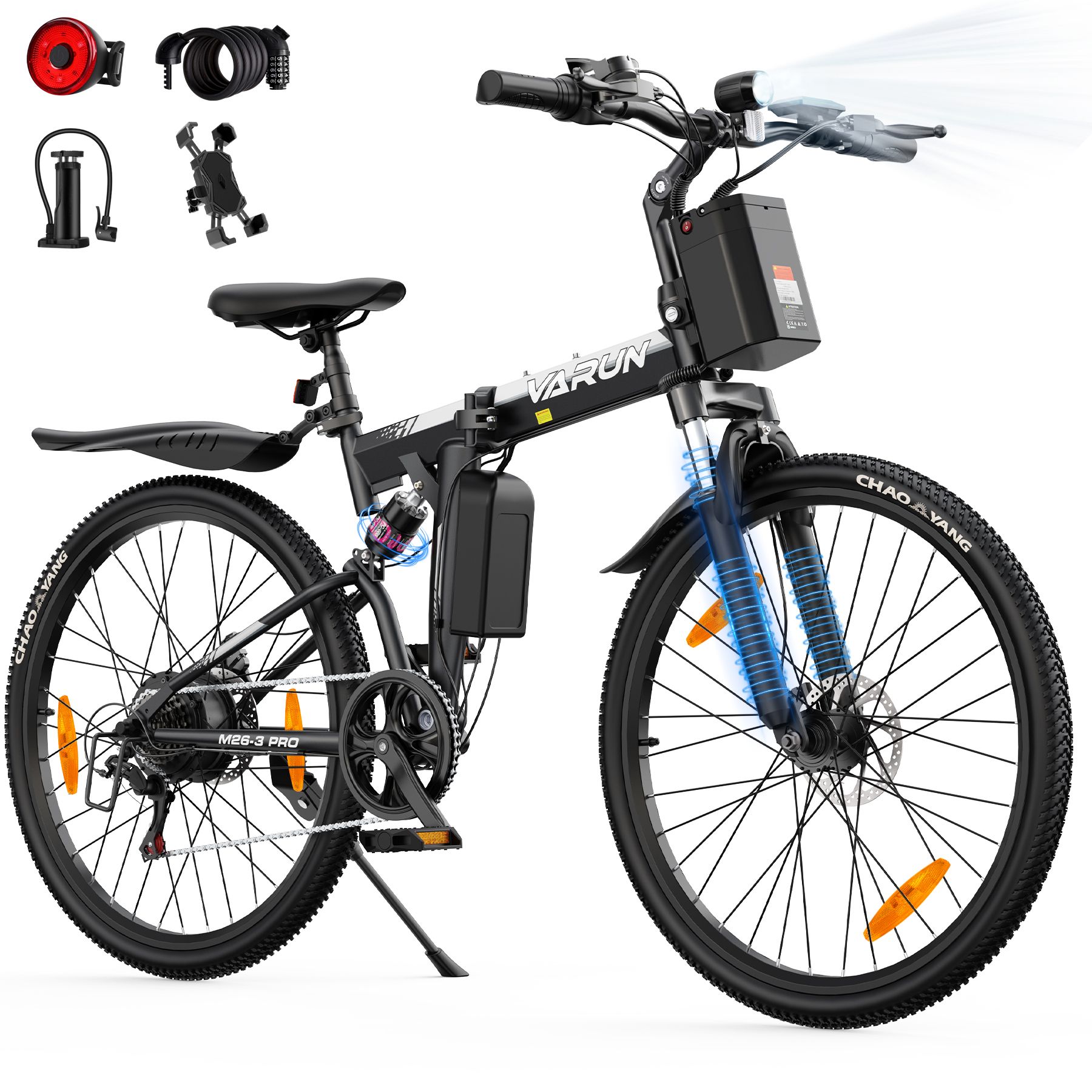 Bicicletta pieghevole nera con batteria, logo VARUN. Accessori: fanale posteriore, lucchetto a spirale, pompa, supporto telefono. Faro.