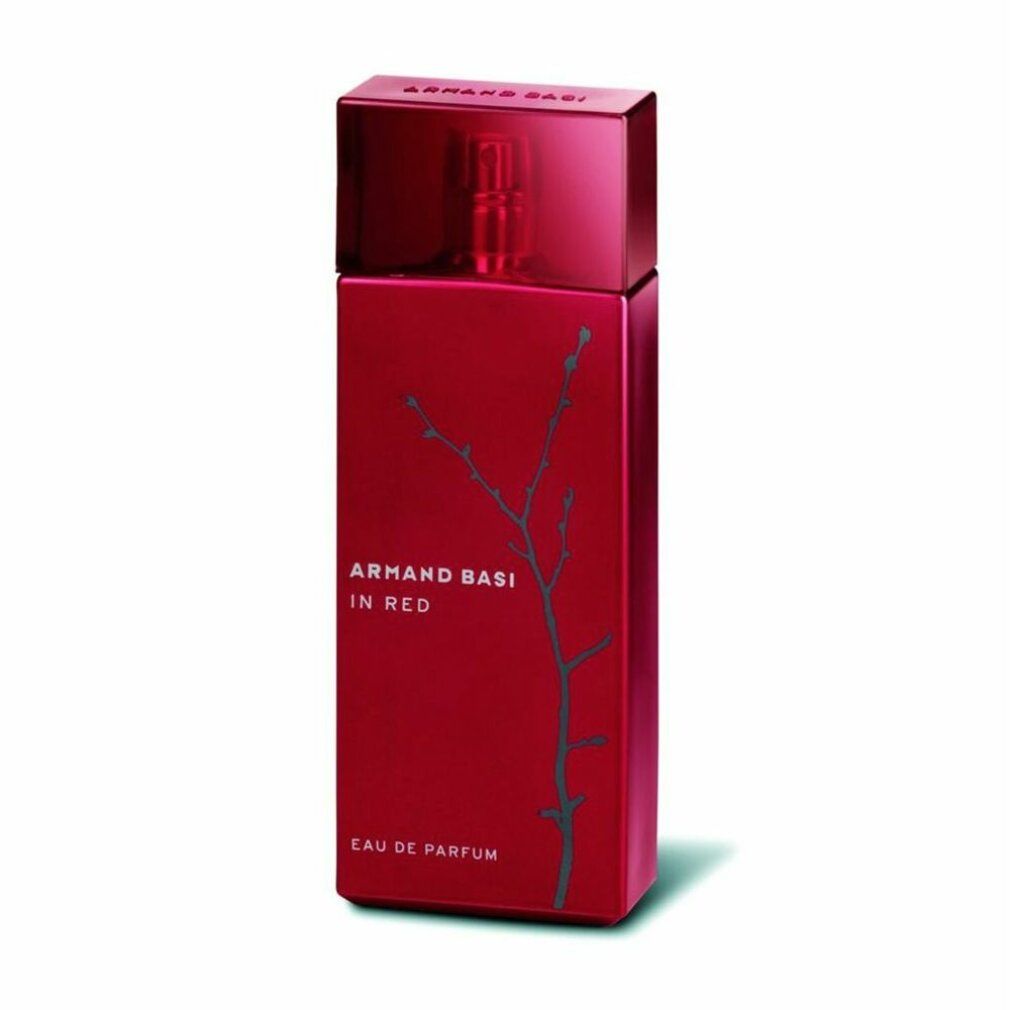 Flacone rosso con vaporizzatore. Scritta: Armand Basi In Red. Design ramo grigio. Eau de Parfum.