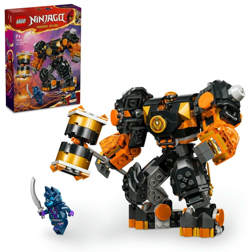 LEGO NINJAGO Mech Elemento di Terra di Cole. Robot con accessori e personaggio. Confezione sullo sfondo.