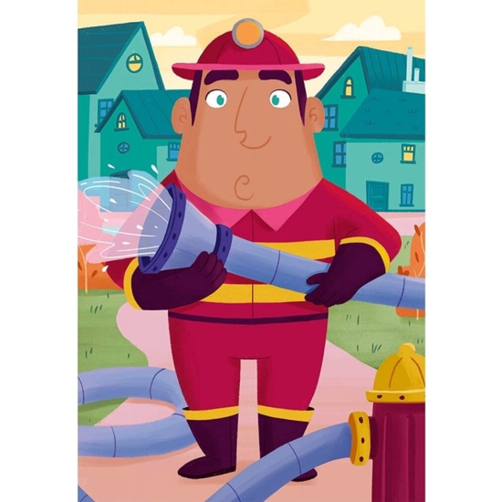Illustrazione di un pompiere in uniforme rossa che tiene un tubo. Sfondo: case e idrante.