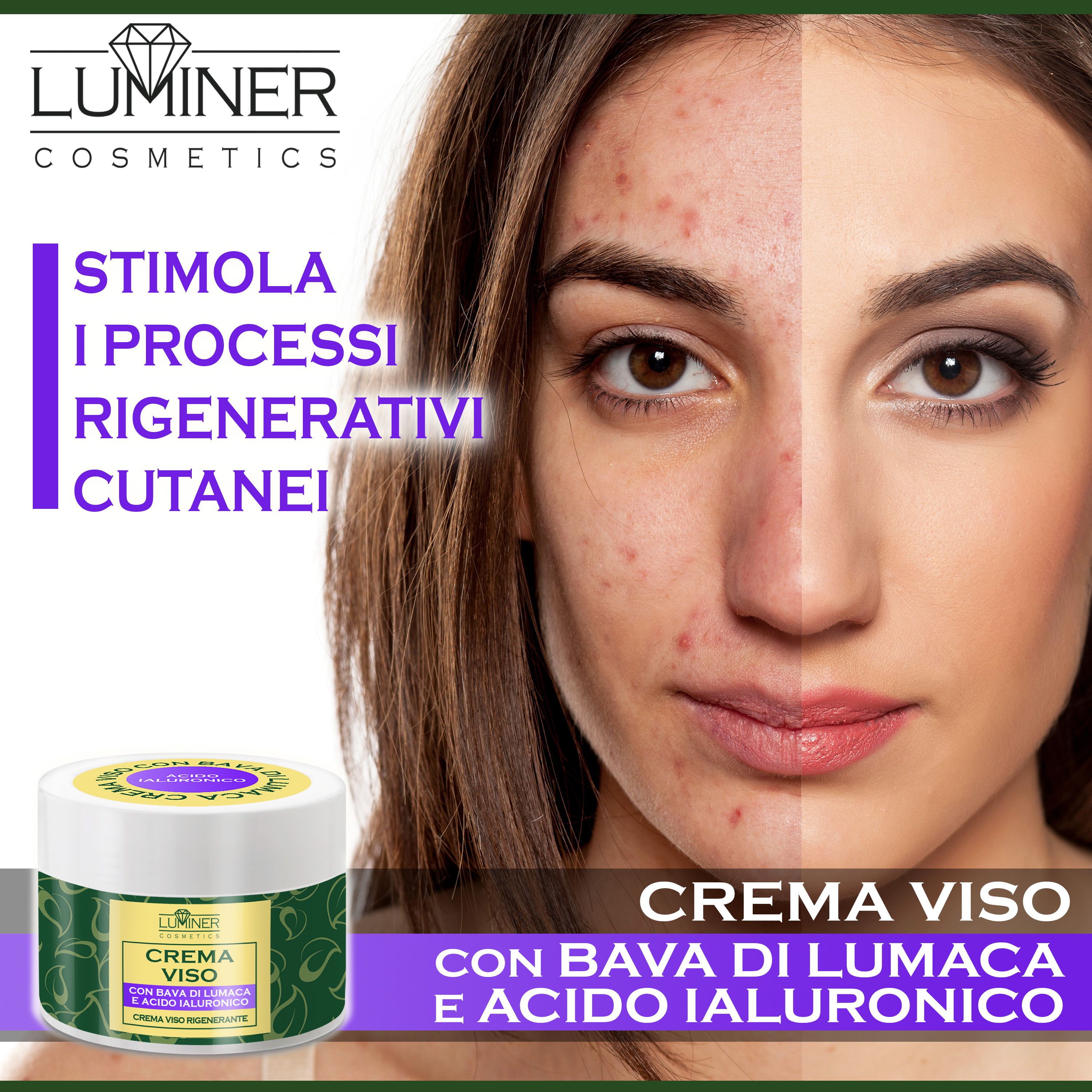 Confronto pelle prima e dopo, vasetto e testo "Stimola i processi rigenerativi cutanei".