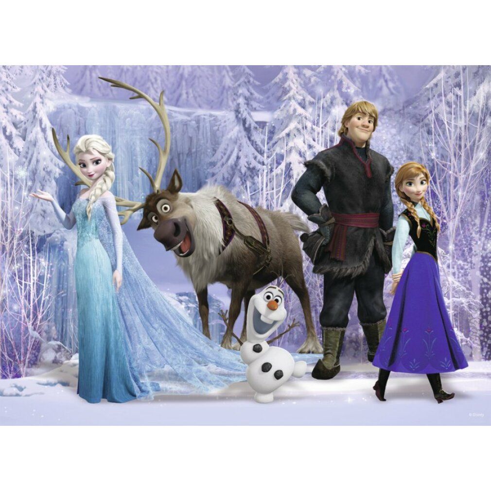 Puzzle con personaggi di Frozen. Scena con Elsa, Anna, Olaf e Kristoff. Sfondo: paesaggio innevato. 100 pezzi XXL.