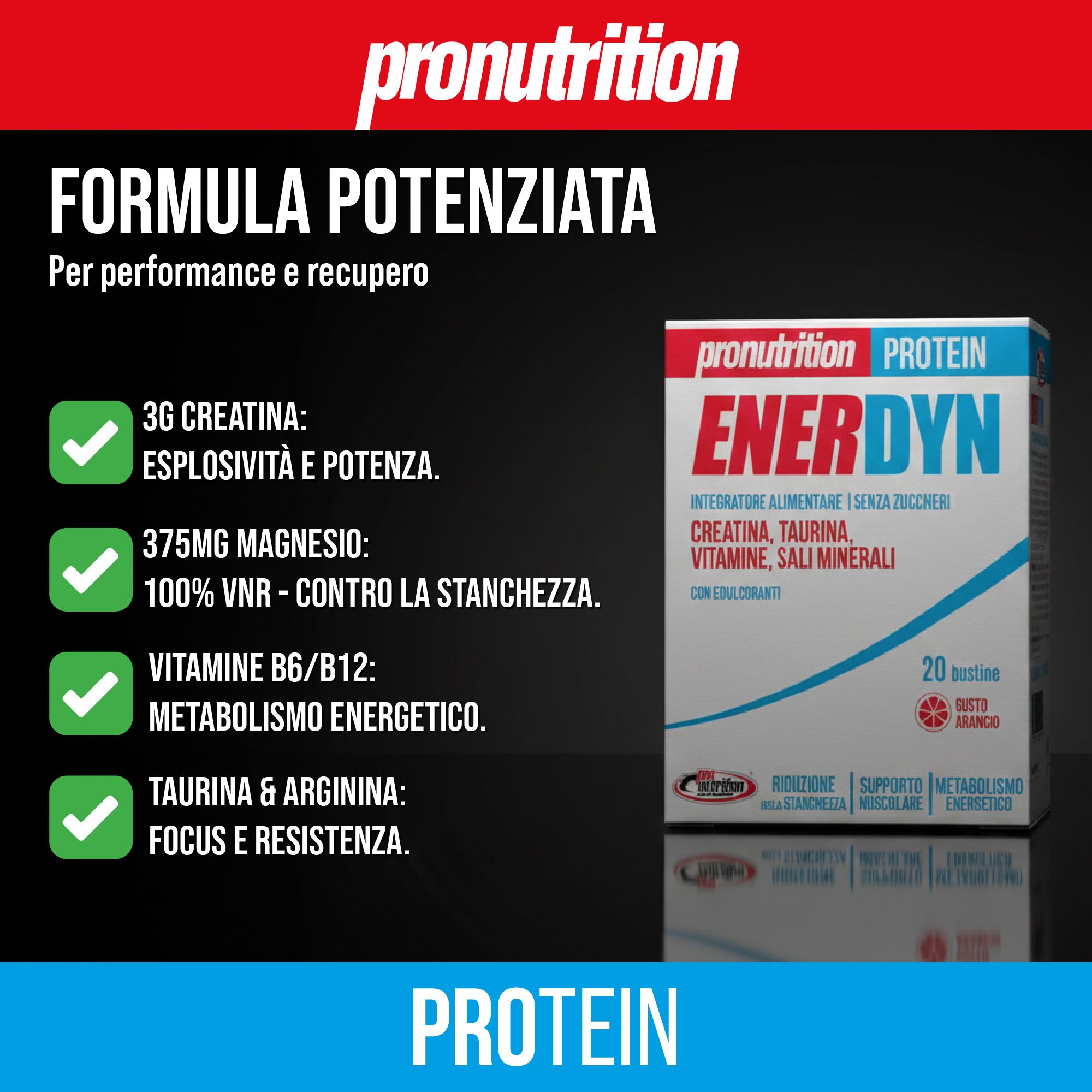 Scatola di proteine Enerdyn. Testo: 3G Creatina, 375mg Magnesium, Vitamine B6/B12, Taurina & Arginina. Sfondo nero.