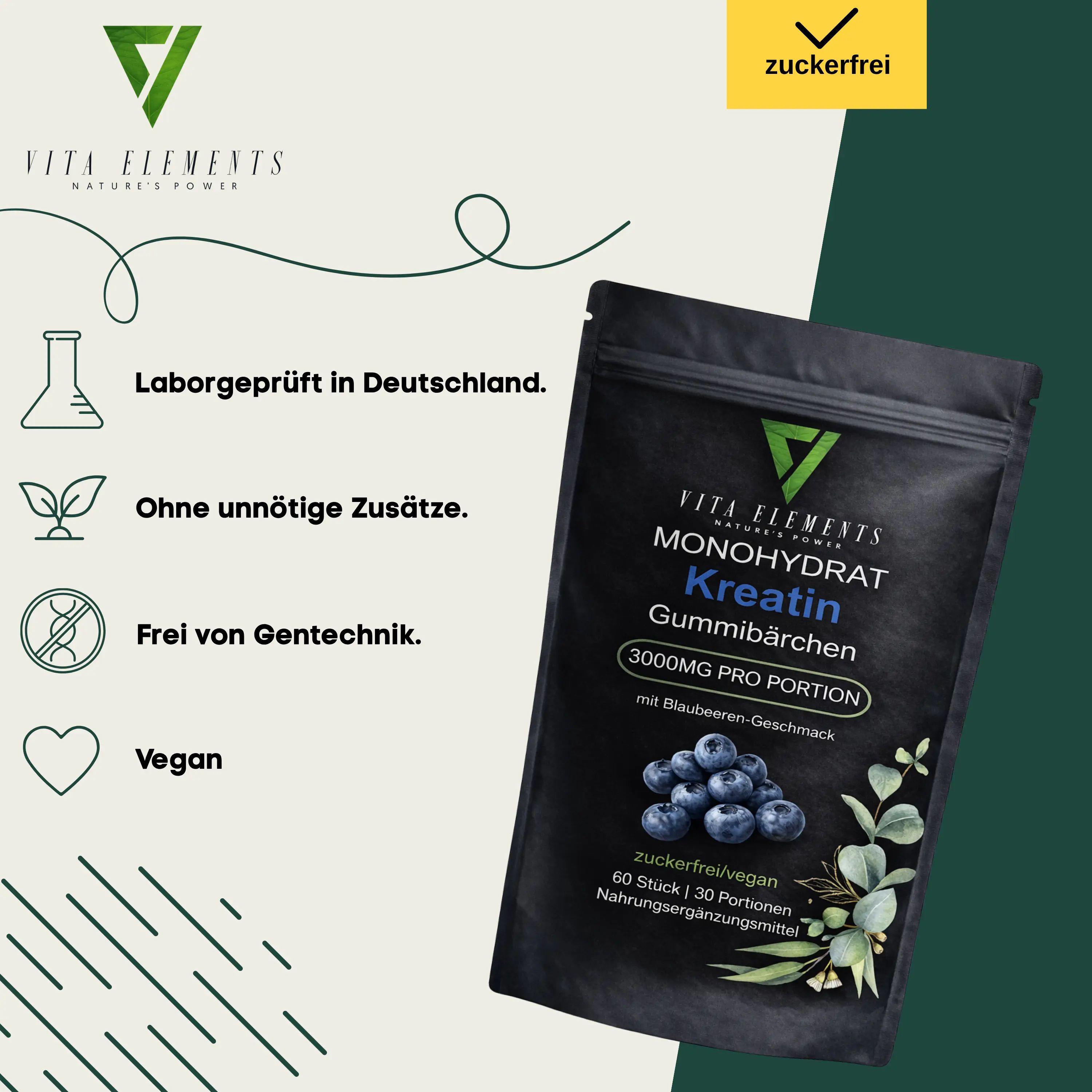 Confezione Vita Elements Kreatin Monohydrat Gummibärchen con icone per testato in laboratorio, senza additivi, senza OGM, vegano.