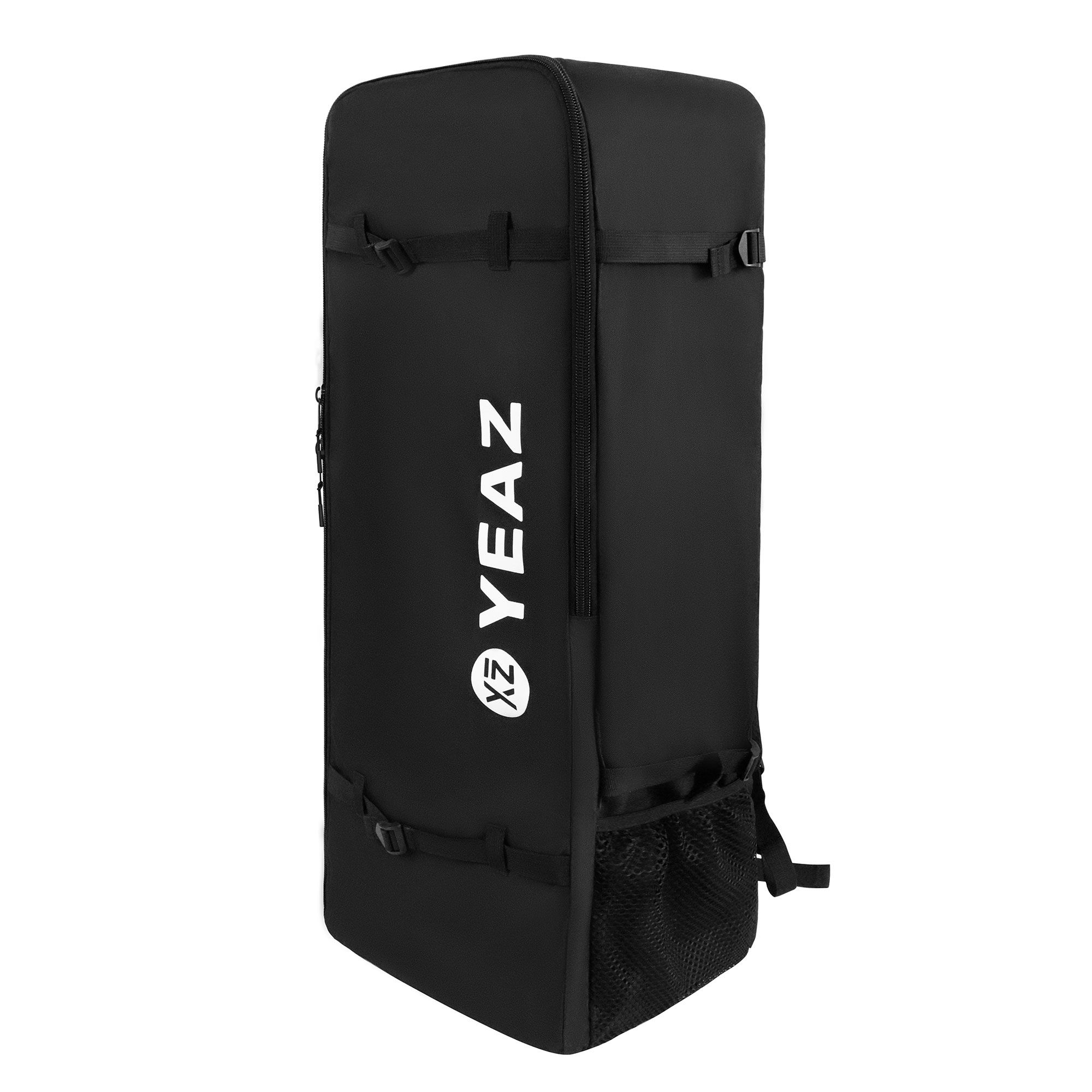 Borsa nera con logo YAEZ bianco e tasca in rete in basso.