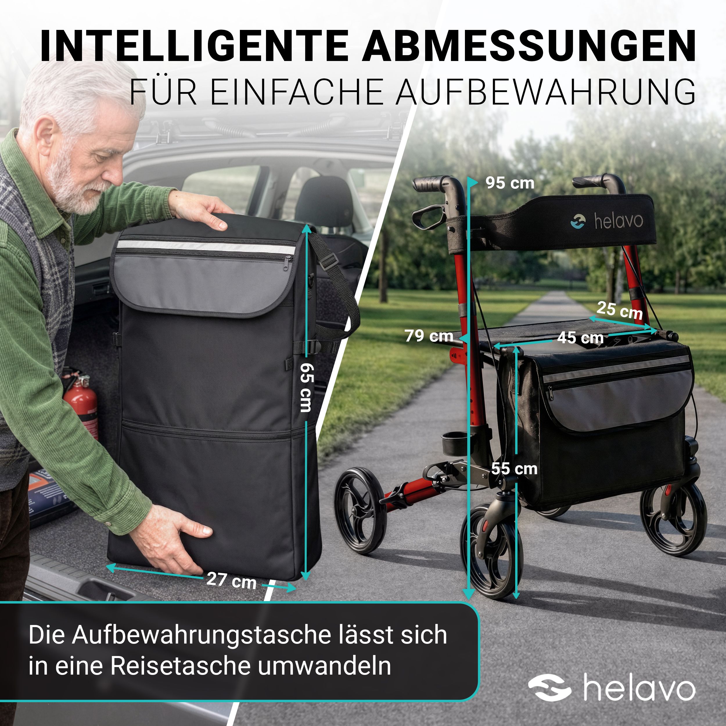 Rollator Helavo e borsa da viaggio pieghevole (65x27cm). Dimensioni: 95x79x45x55cm.