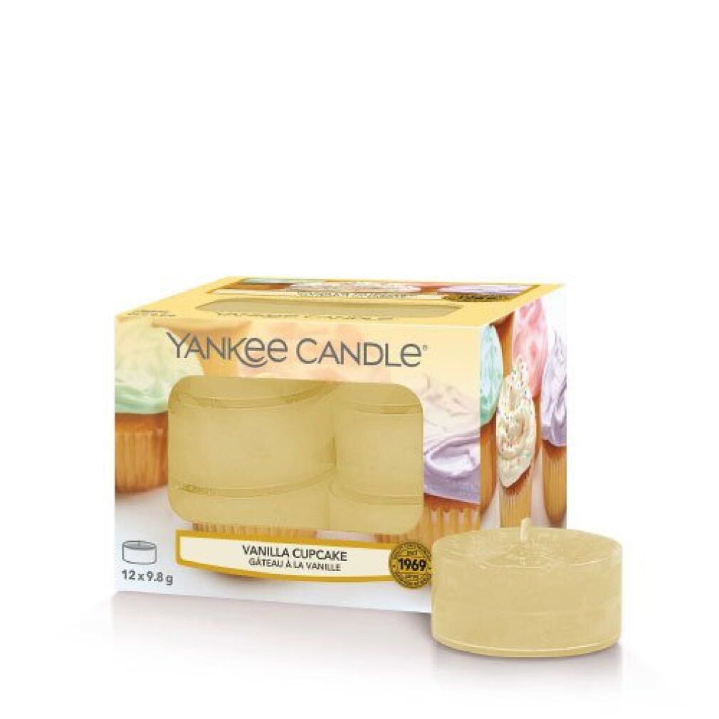 Candela a forma di lumino con confezione. Scritta: Yankee Candle Vanilla Cupcake. 12 pezzi. Candela gialla.