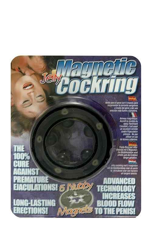 Confezione di Magnetic Cockring. Anello nero con 5 magneti Nubby. Testo: "The 100% Cure Against Premature Ejaculations!"
