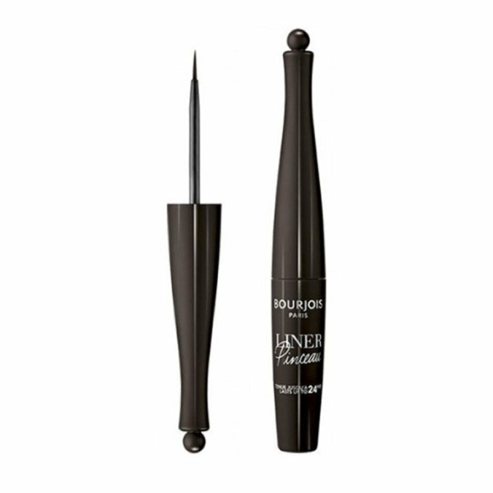 Eyeliner marrone con pennello. Flacone con scritta: Bourjois, Liner Pinceau, 24h. Pennello estratto.