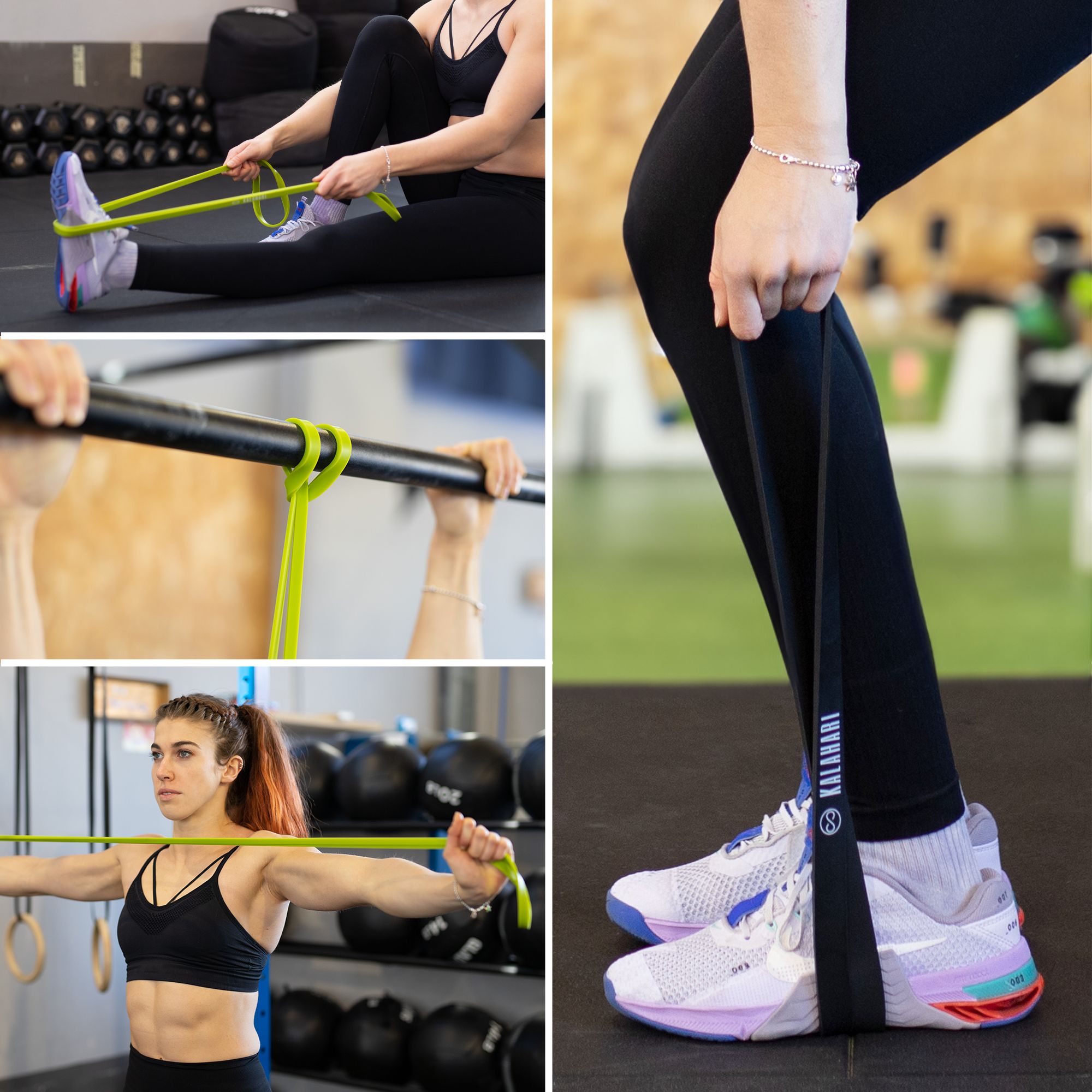 Collage: donna si allena con elastico, elastico a una barra, donna si allena con elastico.