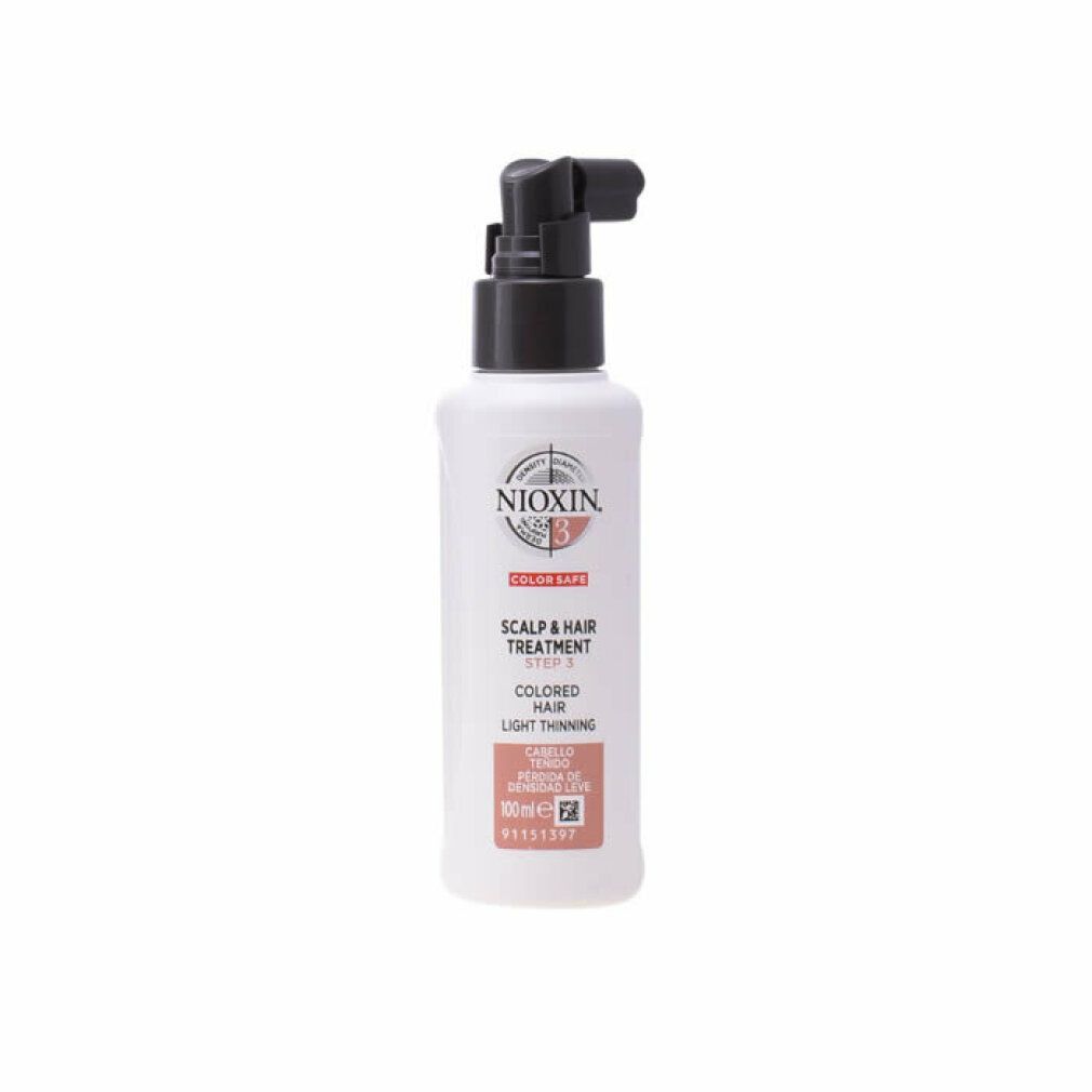 Flacone bianco con applicatore nero. Scritta: Nioxin 3, Scalp & Hair Treatment, Color Safe, Colored Hair, Light Thinning.