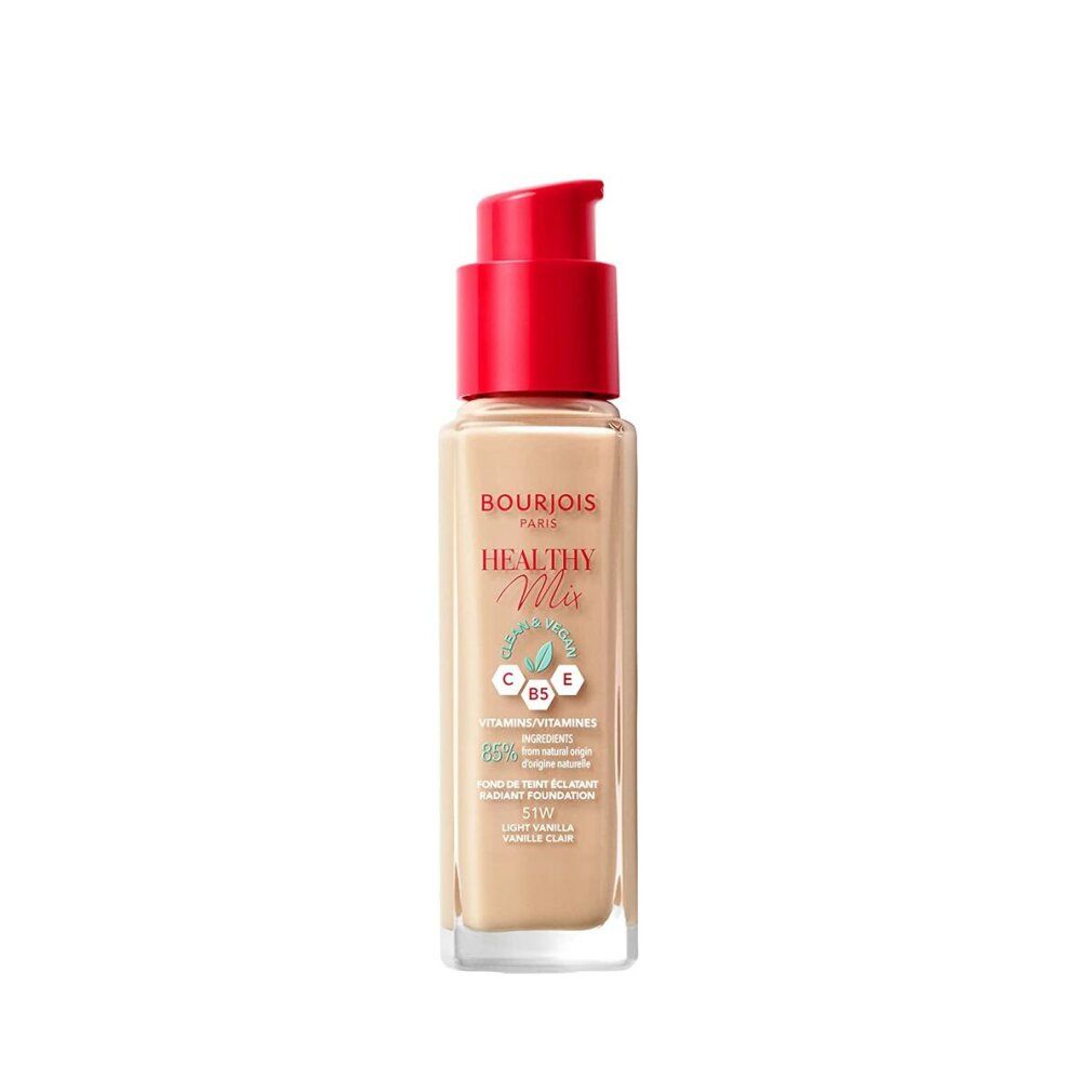 Flacone di fondotinta beige con tappo a pompa rosso. Scritta: Bourjois Healthy Mix, C, B5, E, 85% ingredienti di origine naturale. Tonalità: 51 Light Vanilla.
