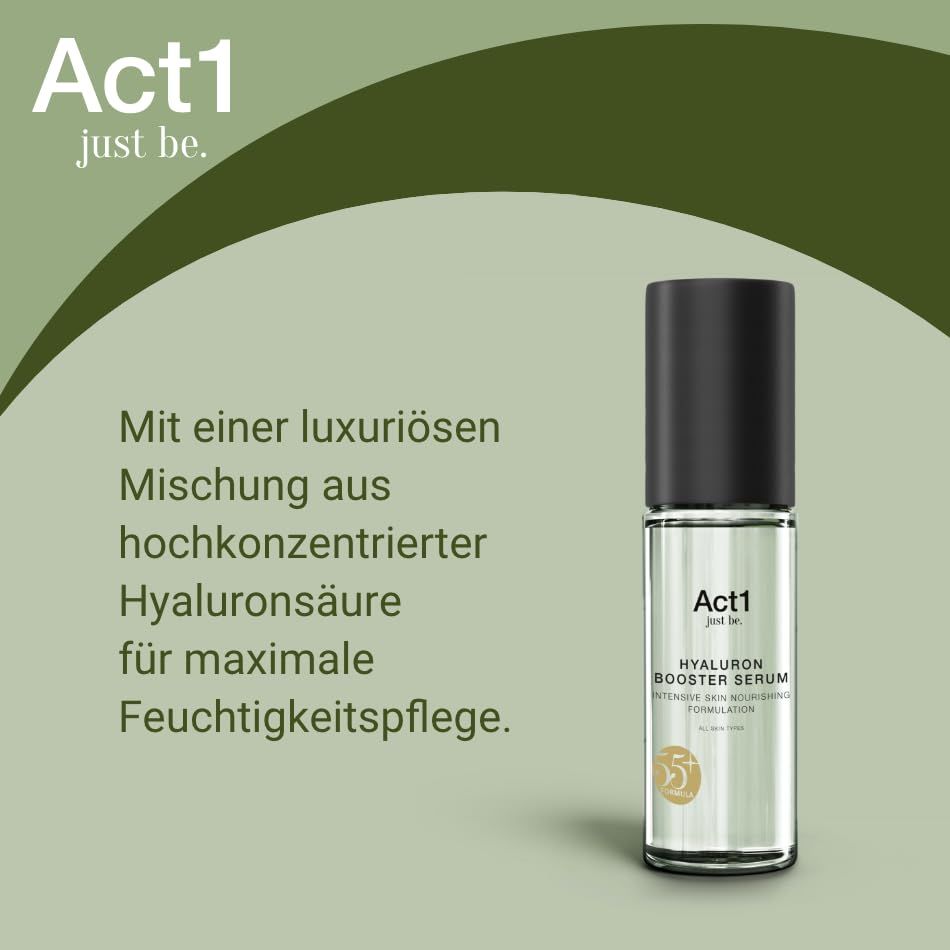 Flacone di siero con tappo nero. Testo: Acido ialuronico per idratazione massima. Logo Act1.