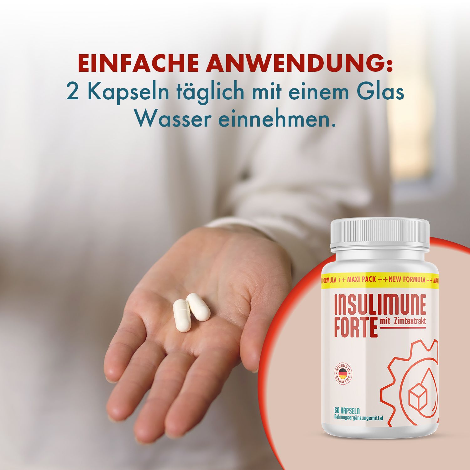 Persona che tiene in mano due capsule bianche. Accanto, un flacone di capsule bianco con testo rosso e giallo. Scritta: INSULIMUNE FORTE con estratto di cannella.