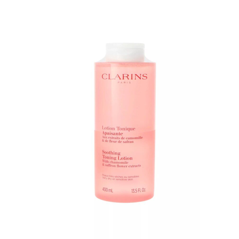 Clarins Lotion Tonique Apaisante, 400 ml, flacone rosa con tappo bianco.