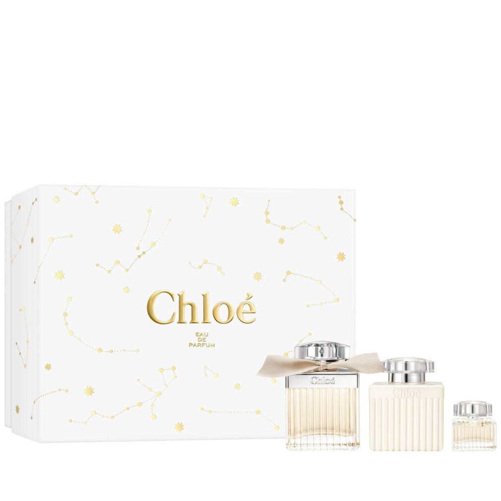 Set regalo Chloé con tre flaconi e scatola bianca. Scritto "Chloé Eau de Parfum".