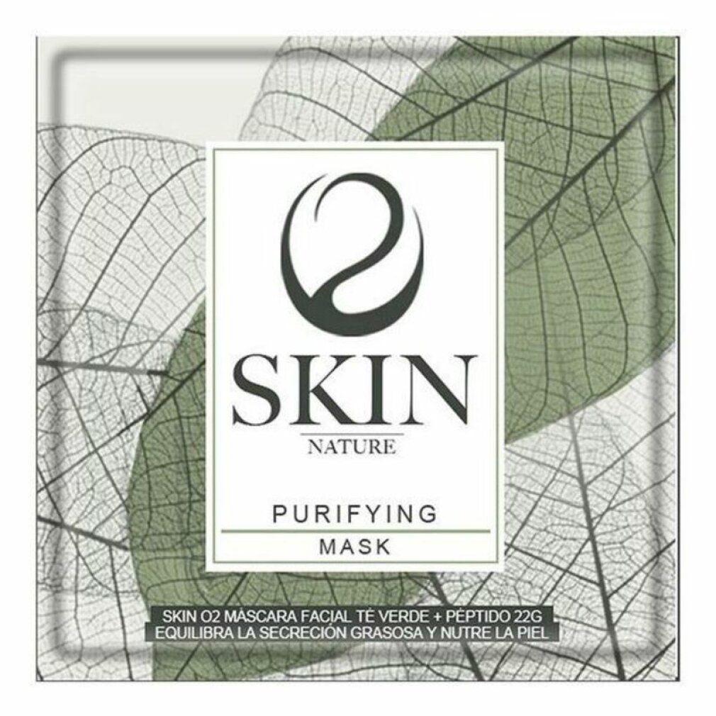 Confezione quadrata con motivo a foglie verdi. Rettangolo bianco con logo e scritta SKIN NATURE. Testo: Purifying Mask.