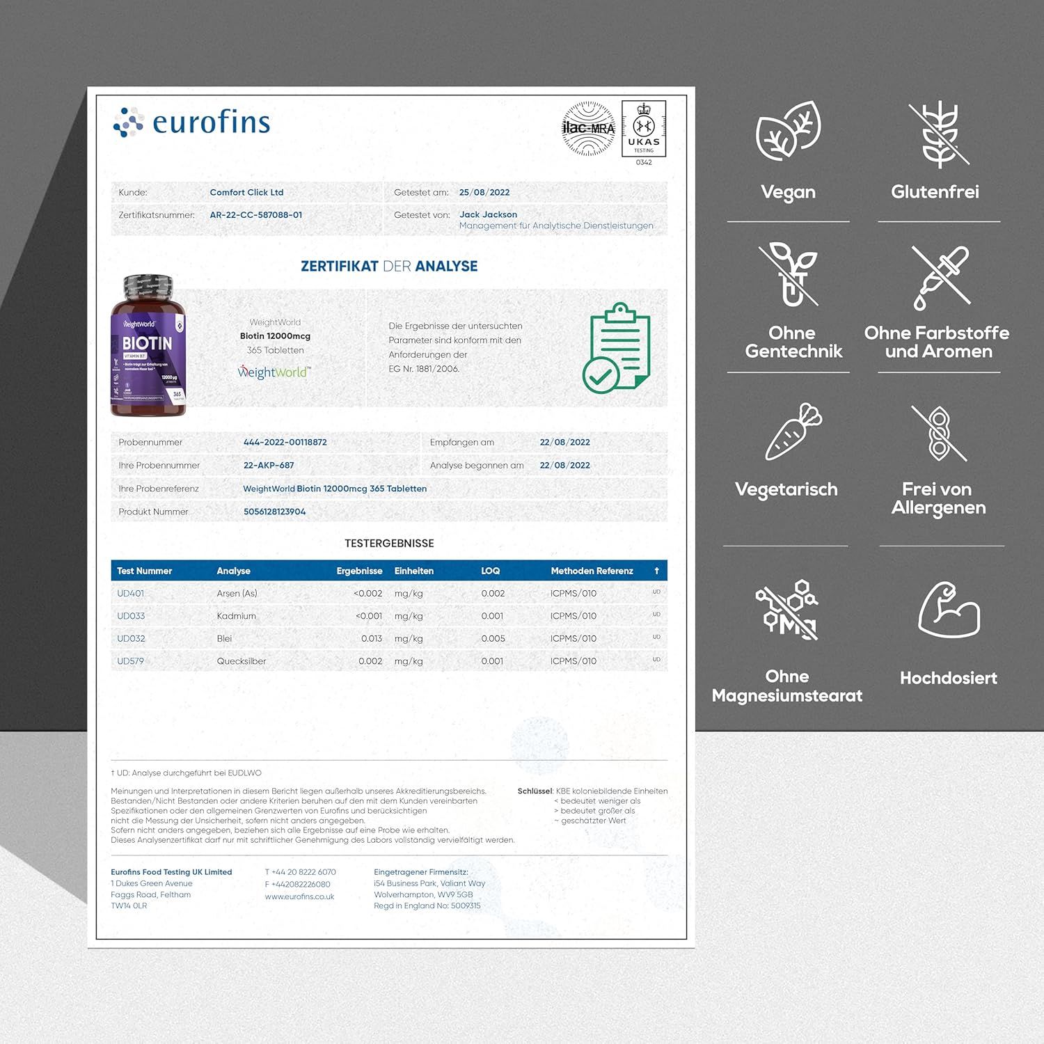 Certificato di Eurofins. Flacone BIOTINA, testo: Certificato di analisi. Loghi: Vegano, Senza glutine, Senza OGM.