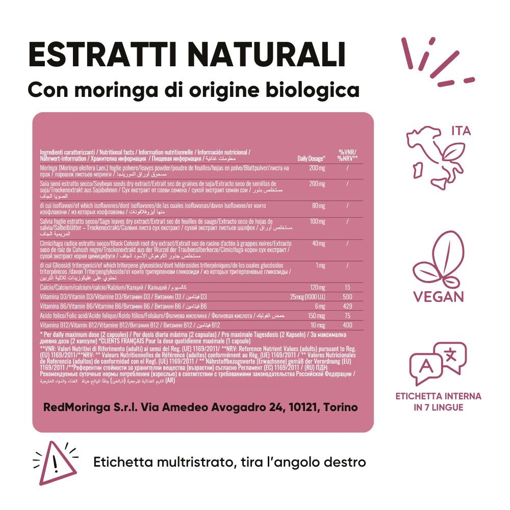 Testo: Estratti naturali con Moringa di origine biologica. Informazioni nutrizionali, sigillo Vegan, etichetta in 7 lingue. Avviso.