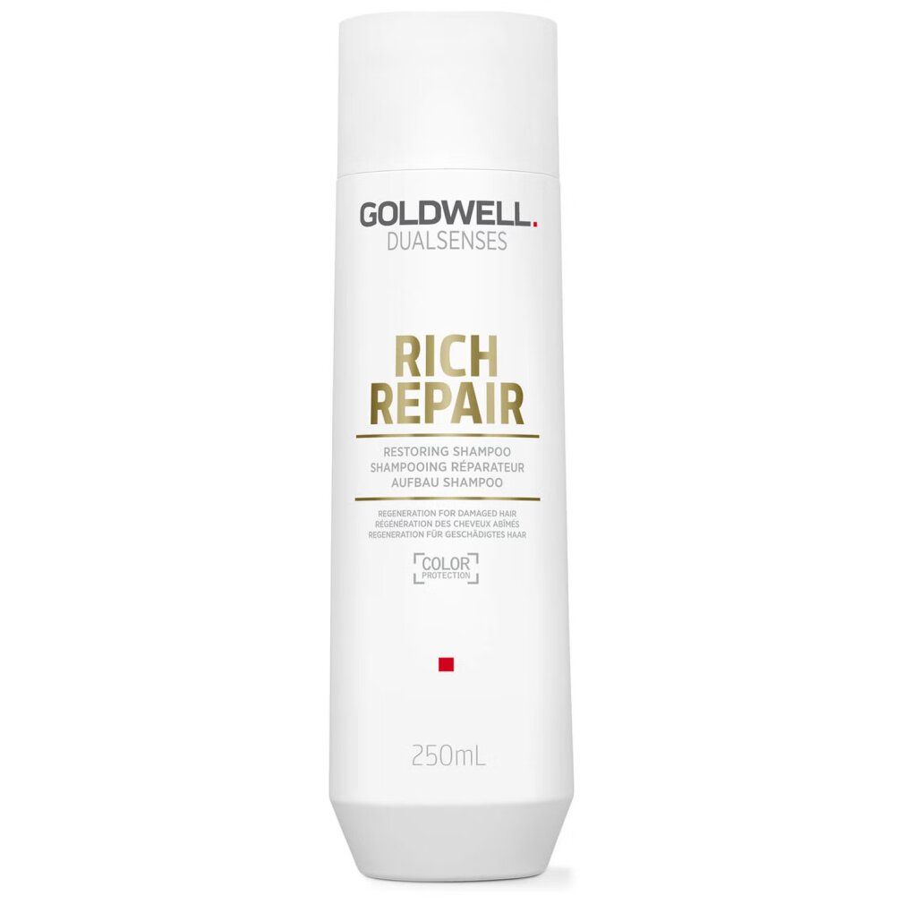 Flacone bianco Goldwell Rich Repair Shampoo. Testo: Restoring Shampoo, 250ml. Logo protezione colore. Sfondo bianco.