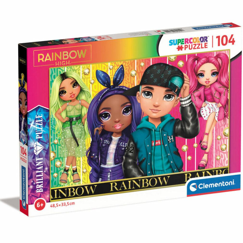 Scatola puzzle con illustrazioni di bambole. Scritta: Rainbow High, Supercolor Puzzle 104 pezzi. Marchio Clementoni.