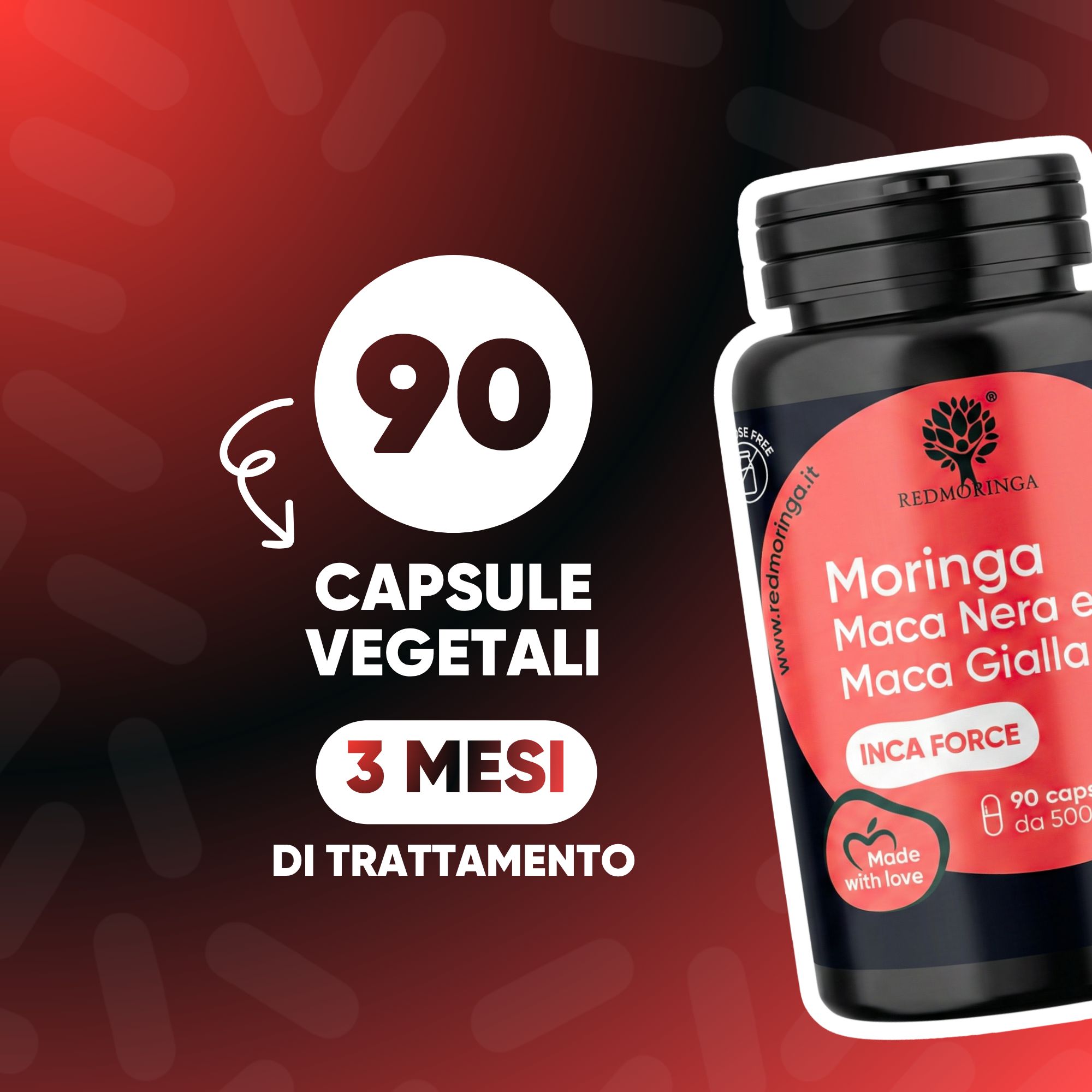 Capsule di Moringa Maca Nera e Maca Gialla RedMoringa, 90 capsule vegetali per 3 mesi.