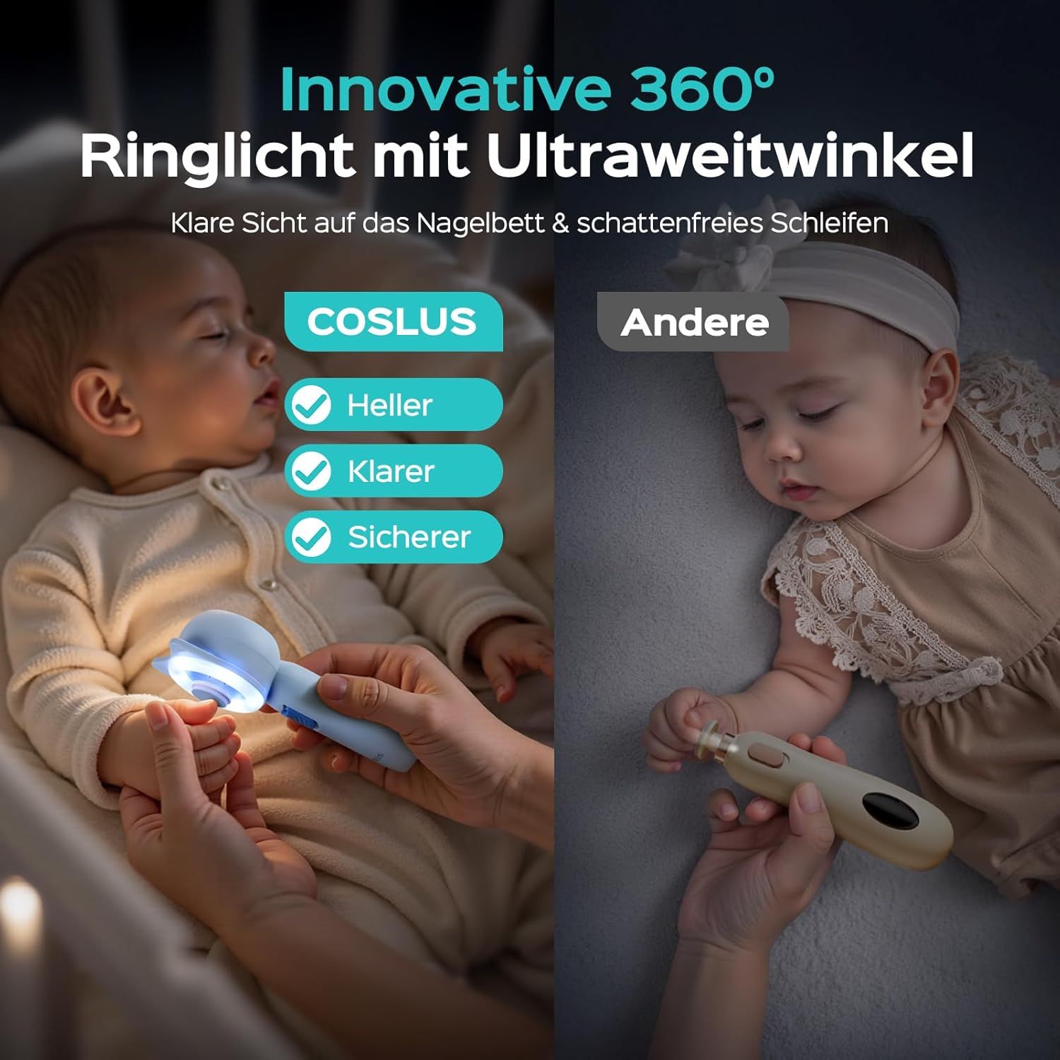 Set per la cura delle unghie per bambini. Dispositivo blu con luce, in uso. Confronto con altro dispositivo. Testo: COSLUS, più luminoso, più sicuro.
