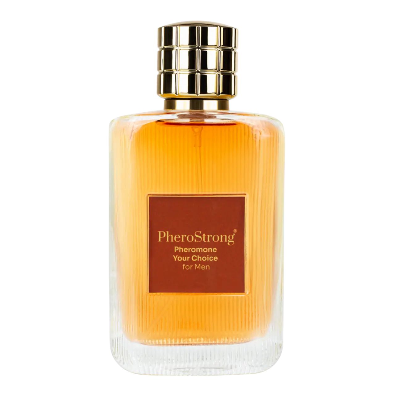 Flacone di profumo con tappo dorato. Liquido marrone in flacone di vetro. Nome del prodotto e testo sull'etichetta.