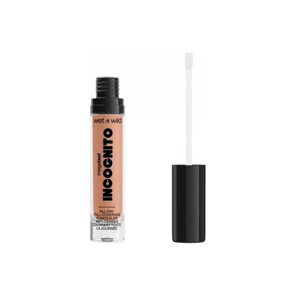 Tubo di correttore con tappo nero e applicatore. Scritte "Wet n Wild" e "Incognito".