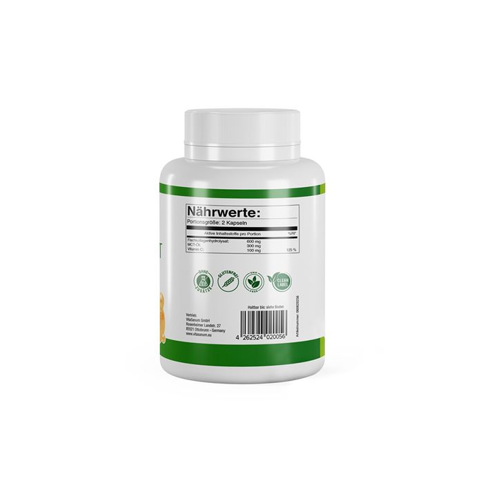 Retro di un flacone bianco con etichetta verde. Scritta: Valori nutrizionali. Loghi prodotti vegani. Codice a barre.